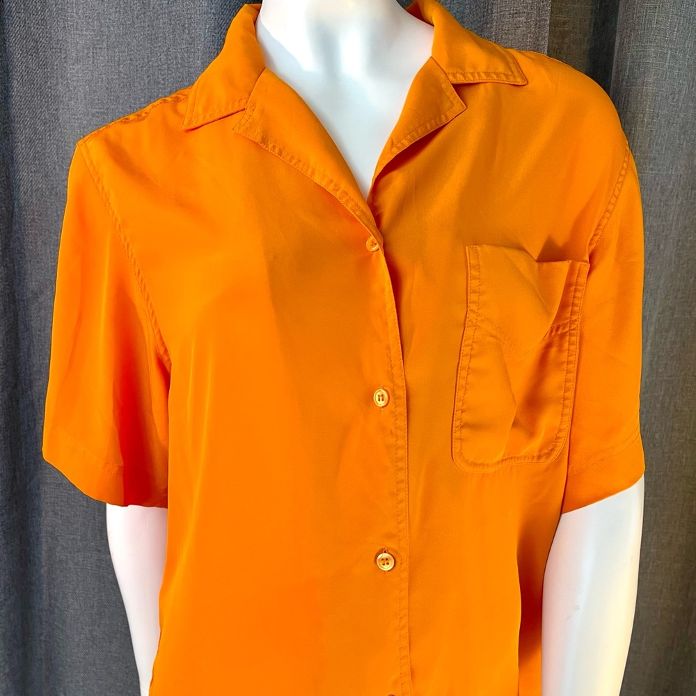 Silky orange 80s Christian Dior button up short sleeve blouse shirt Med 10